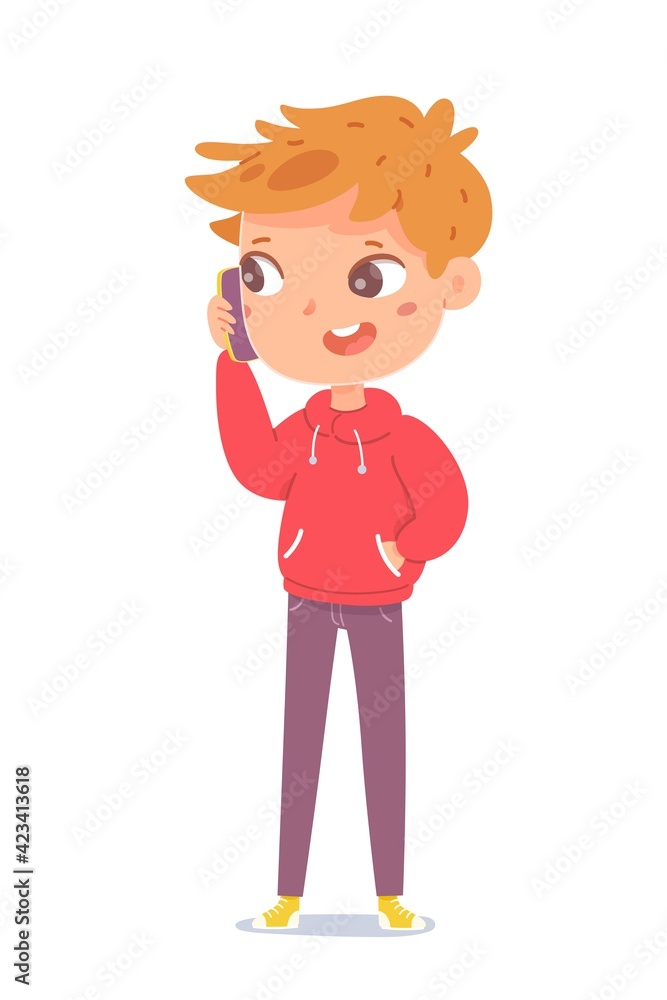 Little boy talking on phone. Kid calling on smartphone isolated on white background. Child holding mobile device in hand vector illustration. Fun social activities with electronics Little boy talking on phone. Kid calling on smartphone isolated on white background. Child holding mobile device in hand vector illustration. Fun social activities with electronics