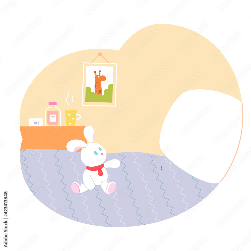 Bedroom of little boy interior design background. Room with bed with pillow and blanket, wall with picture in frame. Modern home of small child with cup, rabbit toy vector illustration Bedroom of little boy interior design background. Room with bed with pillow and blanket, wall with picture in frame. Modern home of small child with cup, rabbit toy vector illustration