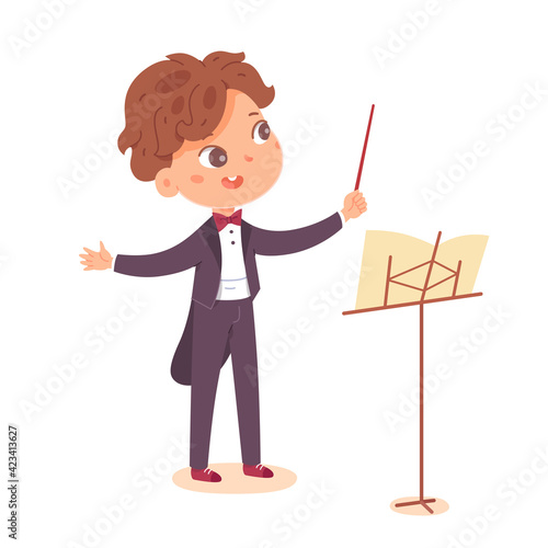 Kid musician conductor with stick. Little boy in costume on stage vector illustration. Cute child performing with musical orchestra in competition isolated on white background