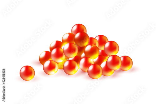 Salmon caviar set. Raw marine food vector illustration. Pile of fresh red seafood elements isolated on white background. Cuisine for kitchen, cooking from nature, fish and water