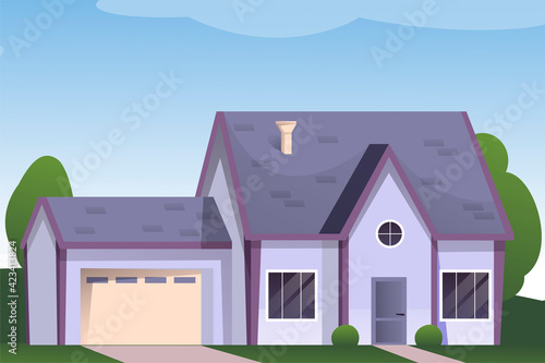 Suburban house background. Modern cartoon town building design vector illustration. Cozy windows and door, driveway to garage, path to home. Horizontal outdoor scene of villa