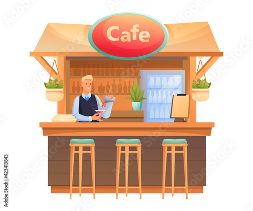 Man in summer cafe terrace outdoor scene. Restaurant outside with bar counter vector illustration. Seller or barista at desk making cocktail, wooden cafe on white background