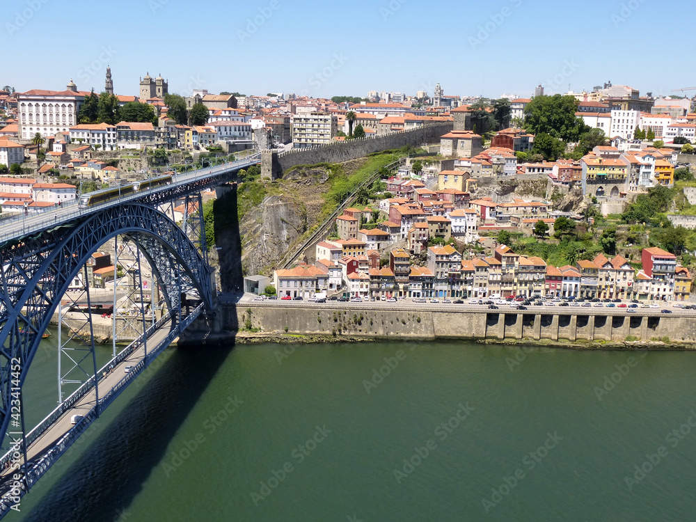 Landscape of Porto with the city wall and the bridge over Douro river