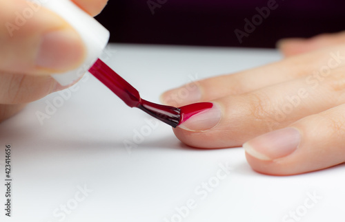 Woman applies red nail polish..Girl making a manicure. Salon procedures at home. Beautiful hands and nails. Close up  macro photo.