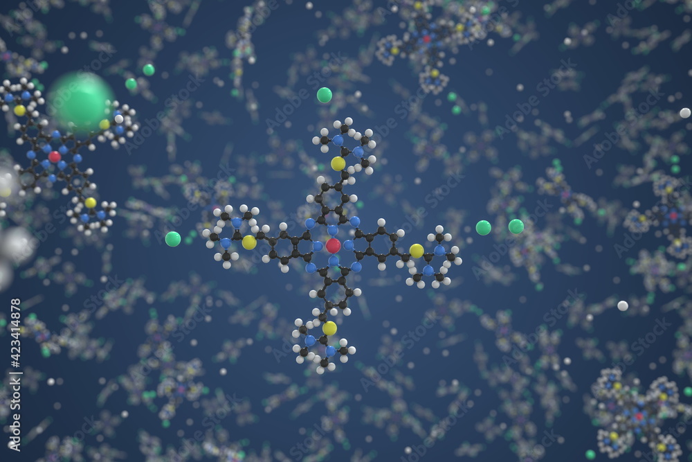 Molecule of alcian blue, ball-and-stick molecular model. Science related 3d rendering
