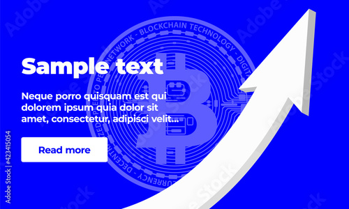 The white arrow is pointed upwards against the background of the coin virtual digital crypto currency bitcoin coin. The price of the currency rises upwards. Banner template