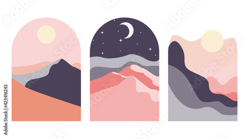 Bilde på lerret Desert abstract boho landscape with sun and moon in arch