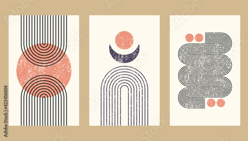 Abstract aesthetic boho textured background with arch and sun. Vector wall decor in terracota color. Mid century modern minimalist art design.