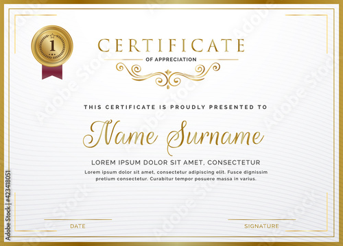 Certificate template with golden frame border and gold badge for Diploma, deed, certificate of appreciation, achievement, attendance, award plaque design, gift certificate.