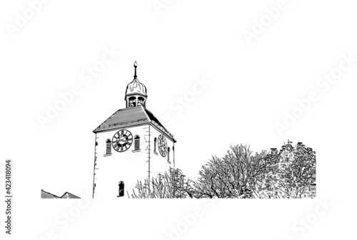 Building view with landmark of Regensburg is the city in southeast Germany. Hand drawn sketch illustration in vector.