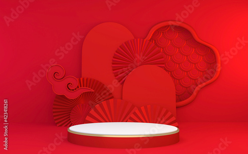 Mock up poium China Red, minimal .red geometric design.3D rendering photo