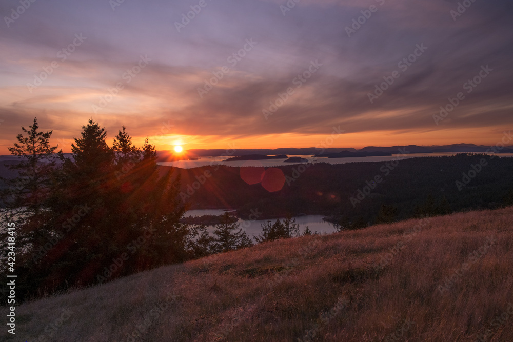 Fototapeta premium San Juan Islands seen from the summit of a peak in the Turtleback Mountain Preserve, Orcas Island, Washington, USA