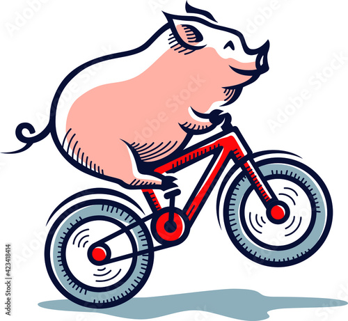 Cute Pig Riding Bicycle On One Wheel  (Wheelie)