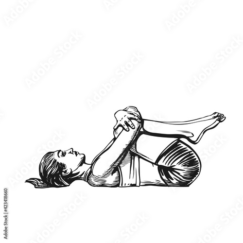 Young Woman in Yoga Pose Pavana Muktasana Drawn Sketch. Yoga Vector 