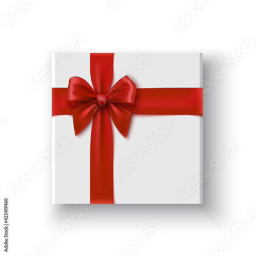 White gift box with red bow. Package with ribbon. Vector illustration.