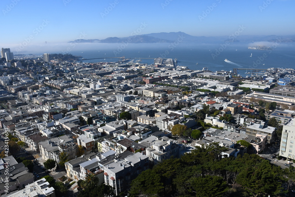 Beautiful aerial view of the San Francisco, USA. View of the Downtown, San Francisco bay and long steep streets.