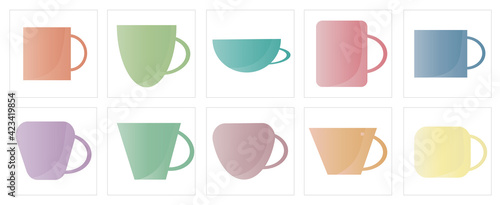 Set of cups for coffee and tea, vector drawing in cartoon style. Icons for web screensavers.