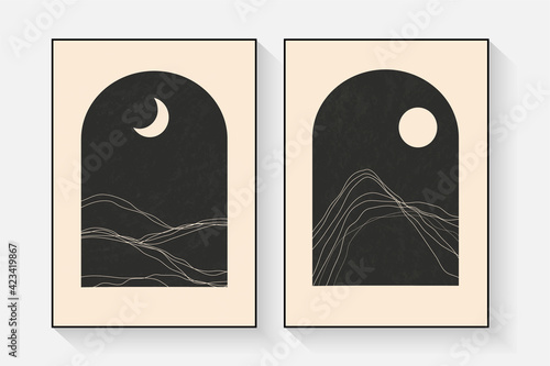 Modern minimalist wall art with moon and sun, mountains and sea in a single line style. Abstract Landscape Wall Backgrounds for Bedroom, Nursery, Social Media Decoration