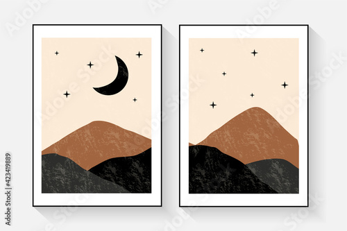 Modern Minimalist Wall Art With Mountains Abstract Wall Backgrounds Landscapes With Mountains, Moon for Bedroom, Nursery Decoration