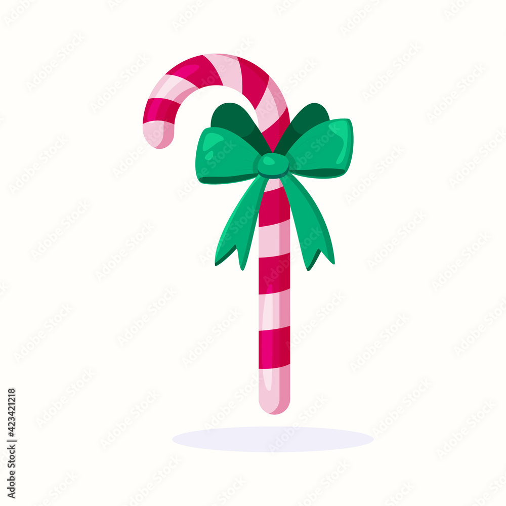 Vector illustration of a Christmas candy cane with a red bow. Christmas candy isolated on white background Vector illustration of a Christmas candy cane with a red bow. Christmas candy isolated on white background