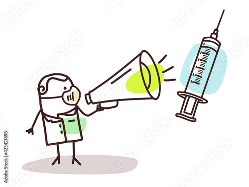 Cartoon Doctor with megaphone, giving Vaccine information