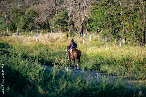 unknown country man riding through the field with his horse. 