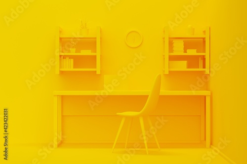 Home workplace interior with wood furniture, shelves and yellow wall. 3d rendering