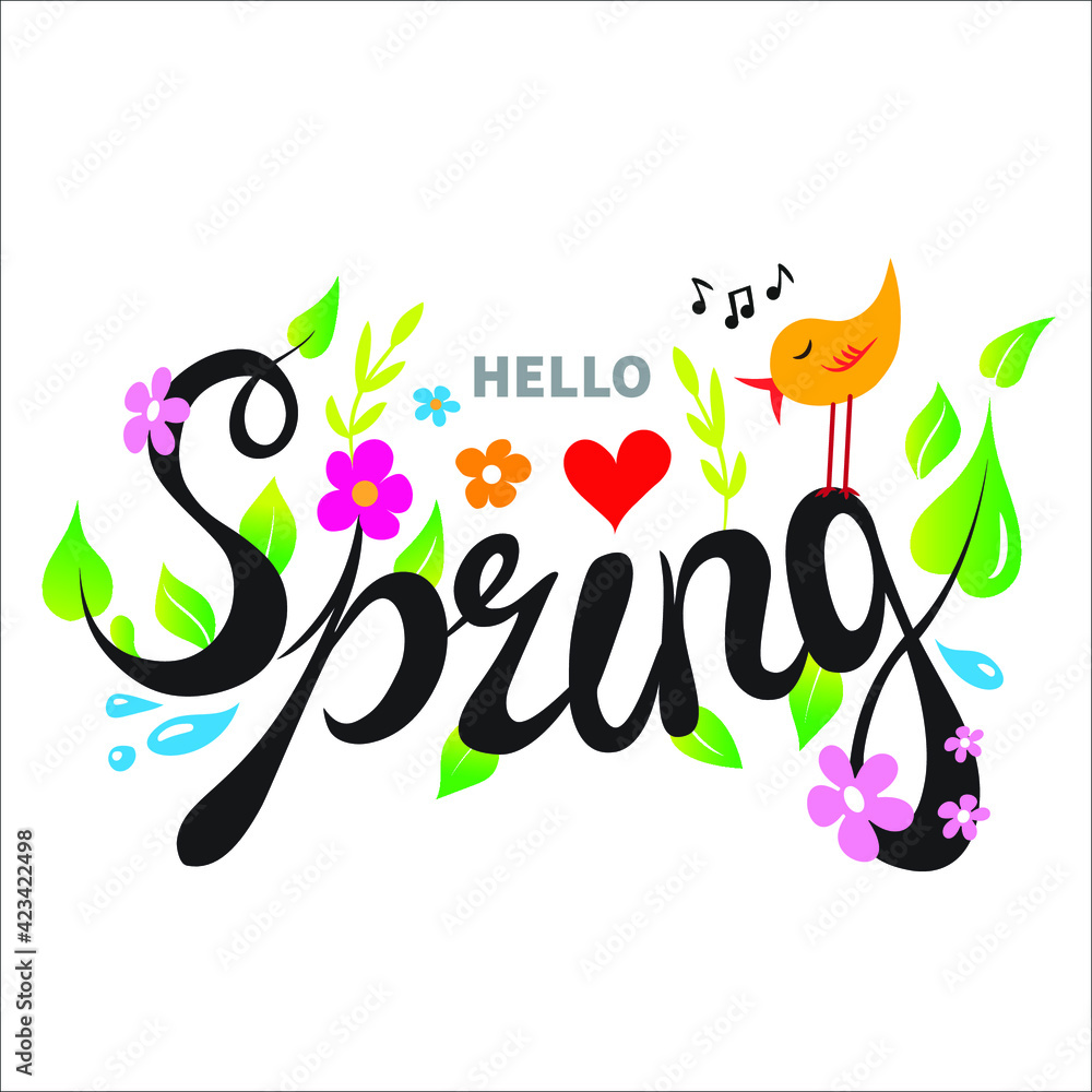 Obraz premium Hello Spring hand sketched. Lettering spring season with leaf, bird and flowers for greeting card, invitation template. Vector illustration on white background.