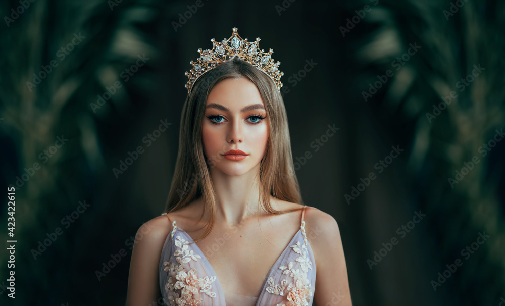 Portrait of fantasy medieval girl princess in dark gothic room. Woman queen looking at camera, beauty face. Vintage trendy glamour dress golden luxury crown, long loose blonde hair. Fashion model - obrazy, fototapety, plakaty 