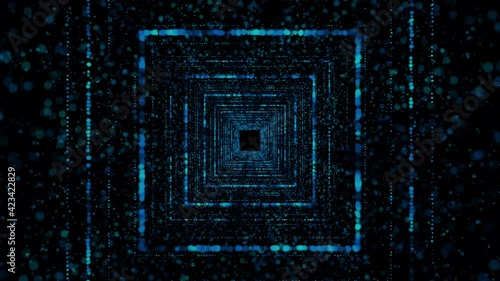 CGI flythrough of digital tunnel with glowing particles in dark space. Blockchain or data transfer concept