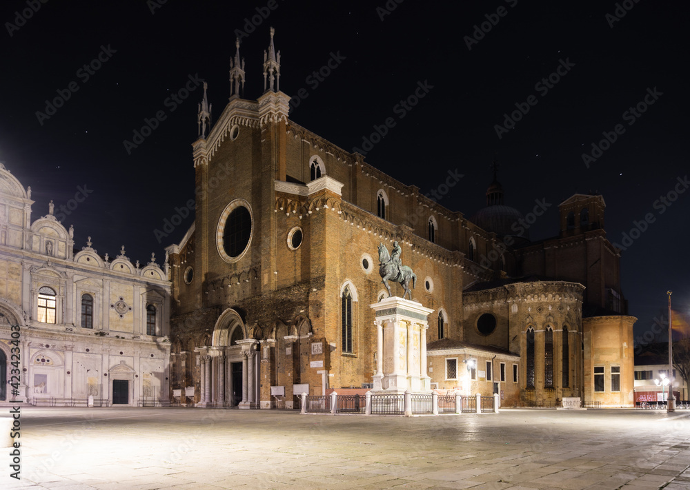 Venice, Italy 26 January 2021: Night photography taken during a walk through the streets of Venice in Italy to one of the many churches present in the city. Long exposure technique