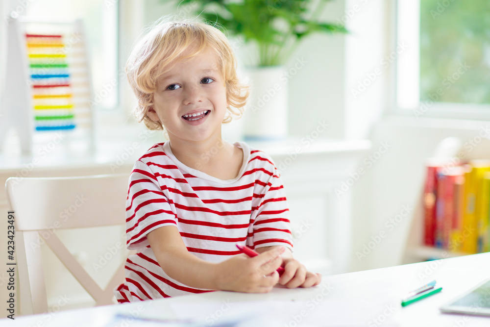 Online remote learning. School kids with computer. Online remote learning. School kids with computer.