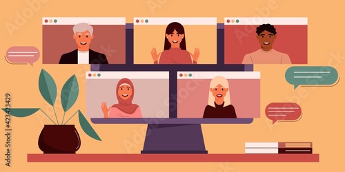 Monitor with a group of colleagues or students of different nationalities, including men and women taking part in a video conference. Virtual meeting. Distance learning or remote work concept. EPS