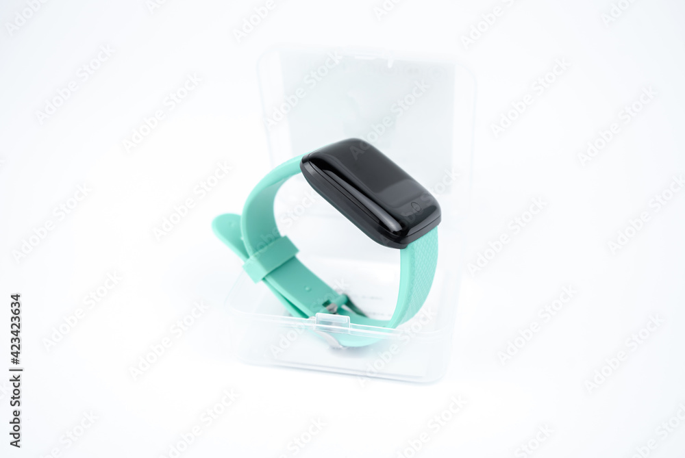 new smart fitness bracelet with blank black screen in a transparent plastic box new smart fitness bracelet with blank black screen in a transparent plastic box