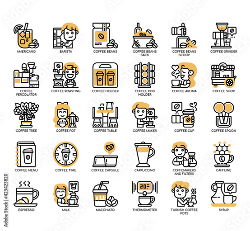 Set of coffee thin line and pixel perfect icons for any web and app project.