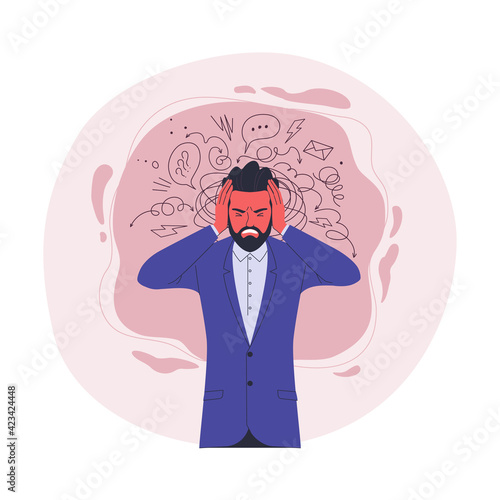 Businessman in stress. Vector illustration of cartoon young adult stressed man in a blue suit with hands on his head with doodle abstract elements on background