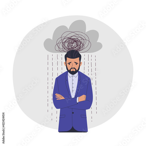 Depressed businessman concept. Vector illustration of cartoon young adult sad man in a blue suit with doodle raining cloud over his head