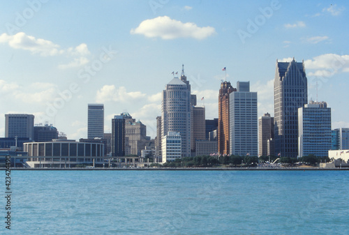 Panoramic view of Detroit skyline at daytime from Windsor  Ontario.