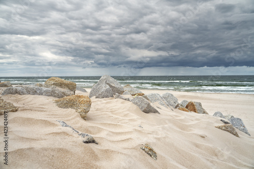 Fototapeta Naklejka Na Ścianę i Meble -  Dark storm clouds in the sky over the sea. View from beach dune.