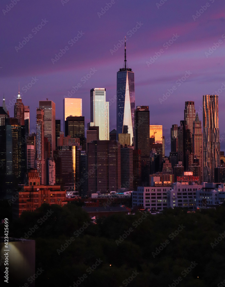 Lower Manhattan skyline at sunrise