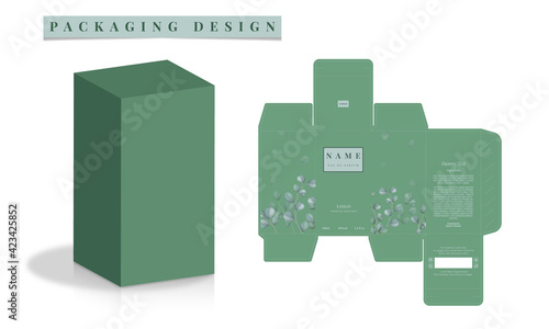 Packaging Box Design, Perfume Box die line, 3d Box Mockup labels, icon, frames and Design elements, 3d Illustration, Vector design Template.