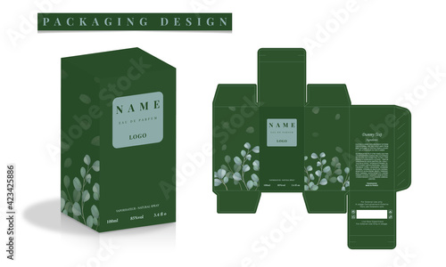 Packaging Box Design, Perfume Box die line, 3d Box Mockup labels, icon, frames and Design elements, 3d Illustration, Vector design Template.