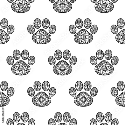 Fototapeta Naklejka Na Ścianę i Meble -  Dog paw mandala ornament style vector seamless pattern print.