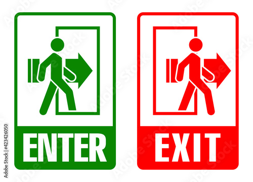Entry and exit signs with a man silhouette. Vector pictograms