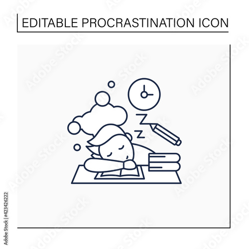 School procrastinating line icon.Unnecessarily postpone dealing tasks. Sleep at lesson. Tired person.Overload concept. Isolated vector illustration.Editable stroke