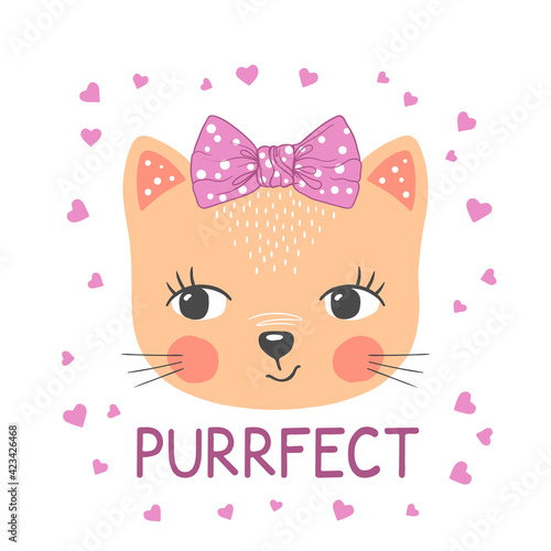 Cute cat girl. Little kitten with bow. Vector illustration for print on t-shirt and other uses