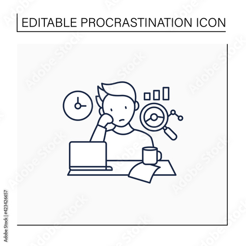 Procrastination statistics line icon.Unhappy statistic.Tired person at workplace. Dont want working.Overload concept. Isolated vector illustration.Editable stroke