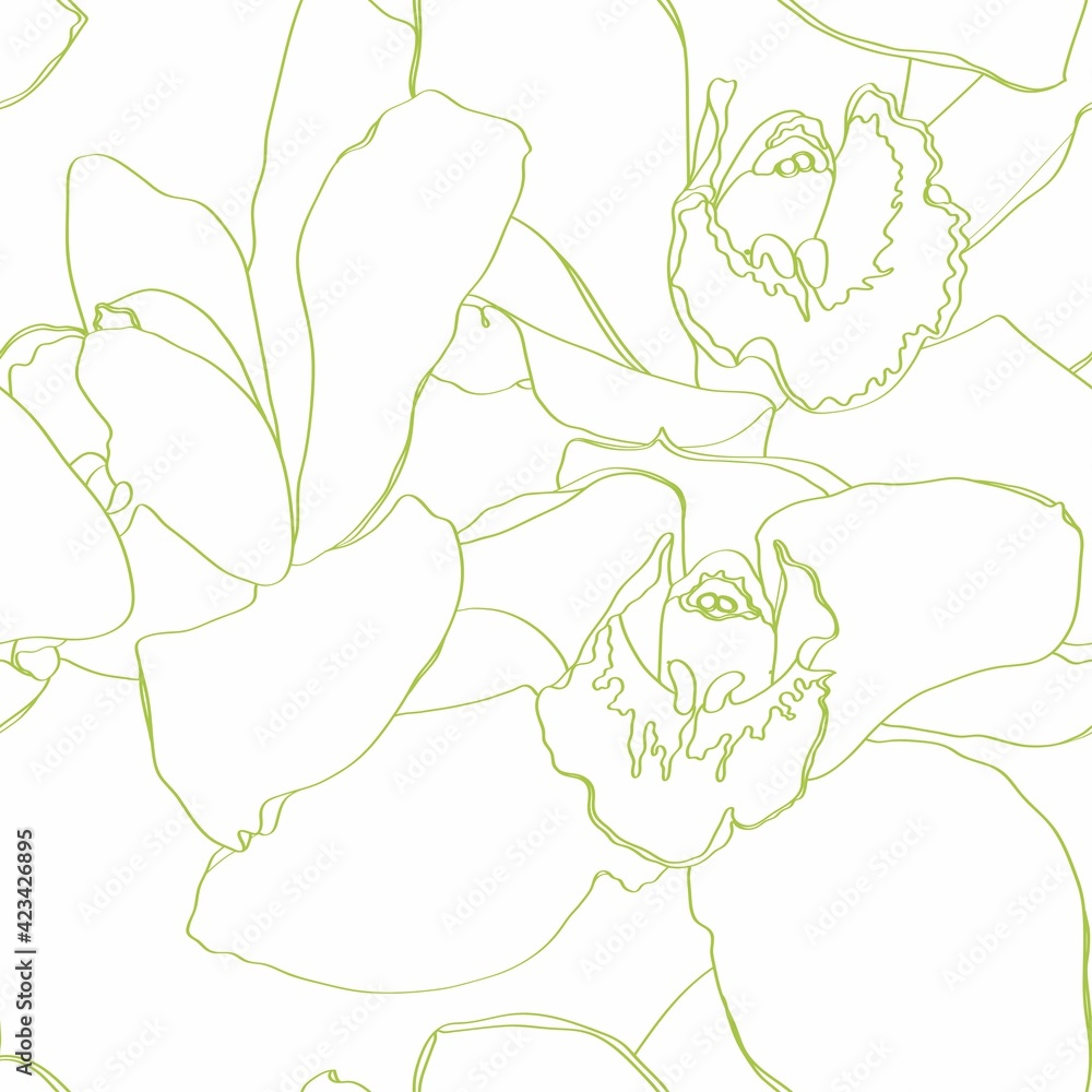 Seamless floral pattern with orchids Cymbidium, green line on white. Hand drawn illustration for fabric, wrapping, prints and other design.