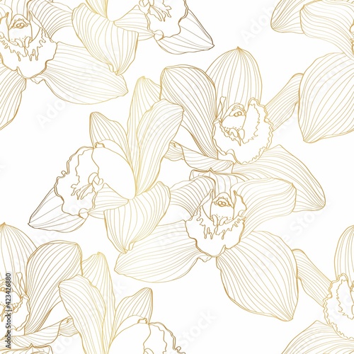Luxury gold floral line art wallpaper. Orchid Cymbidium flower golden line design for textiles, wall art, fabric, wedding invitation, cover design.