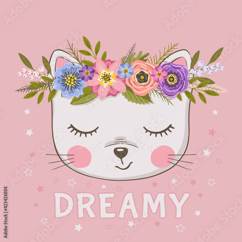 Cute cat girl. Dreamy little kitten with floral wreath